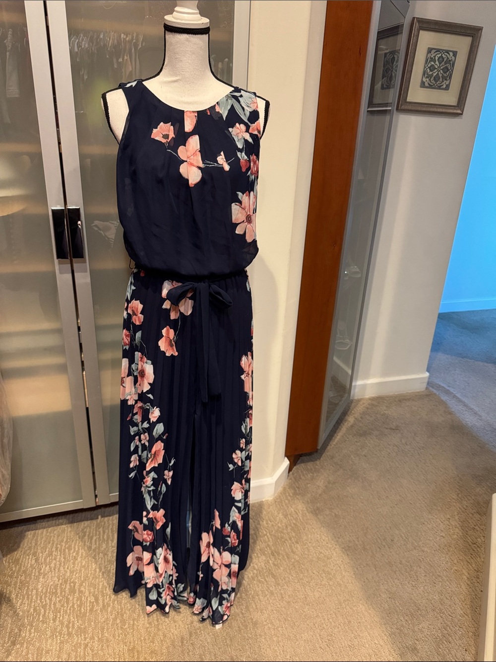 Bisou Bisou Navy Floral Sleeveless Jumpsuit with Tie Waist
